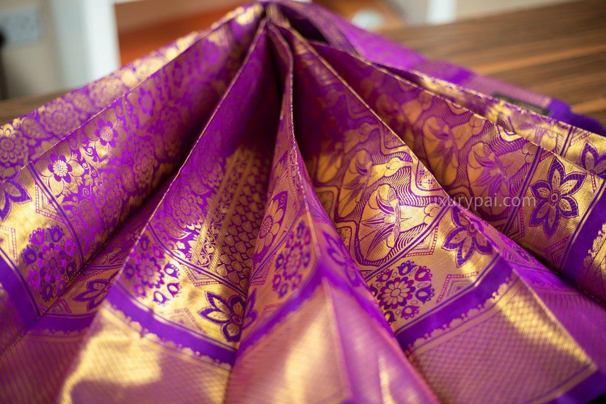 Exquisite Vadamalli Poo Purple Kanchipuram Pure Pattu (Silk) Handloom Kai Korvai Bridal Wedding Saree