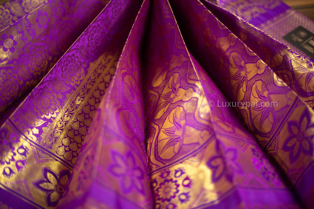 Exquisite Vadamalli Poo Purple Kanchipuram Pure Pattu (Silk) Handloom Kai Korvai Bridal Wedding Saree