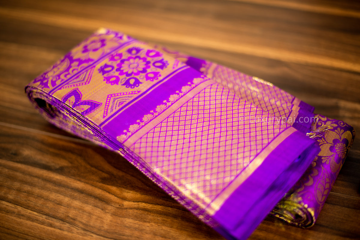 Exquisite Vadamalli Poo Purple Kanchipuram Pure Pattu (Silk) Handloom Kai Korvai Bridal Wedding Saree