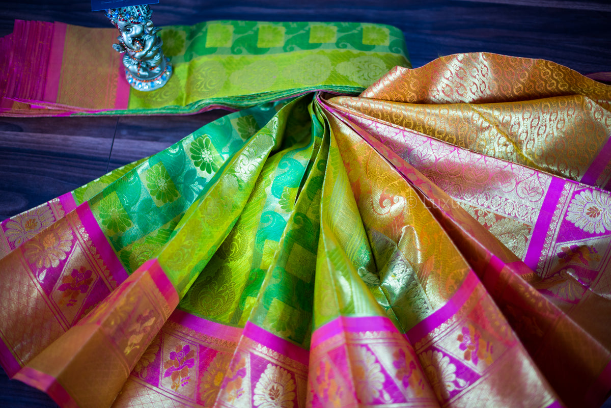 Gorgeous Parrot & Leaf Green Kanchipuram Pure Pattu (Silk) Handloom Kai Korvai Bridal Wedding Saree
