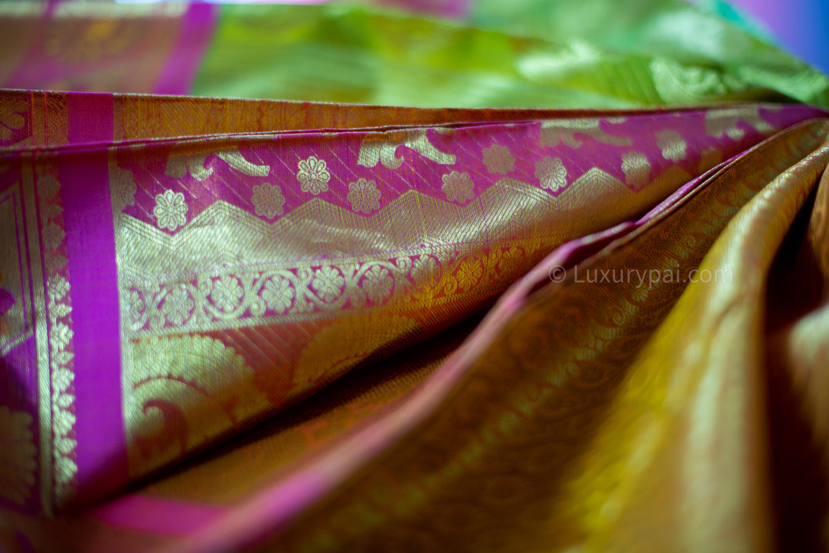 Gorgeous Parrot & Leaf Green Kanchipuram Pure Pattu (Silk) Handloom Kai Korvai Bridal Wedding Saree