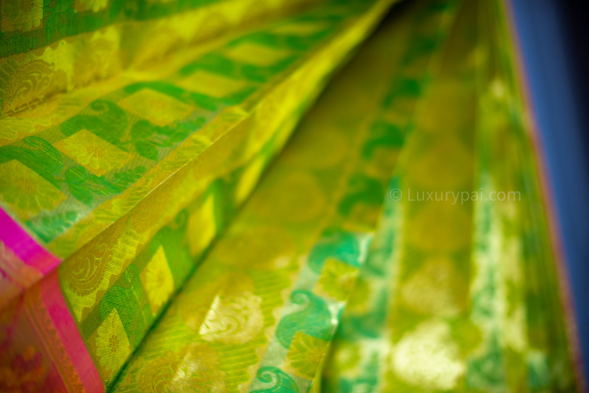 Gorgeous Parrot & Leaf Green Kanchipuram Pure Pattu (Silk) Handloom Kai Korvai Bridal Wedding Saree