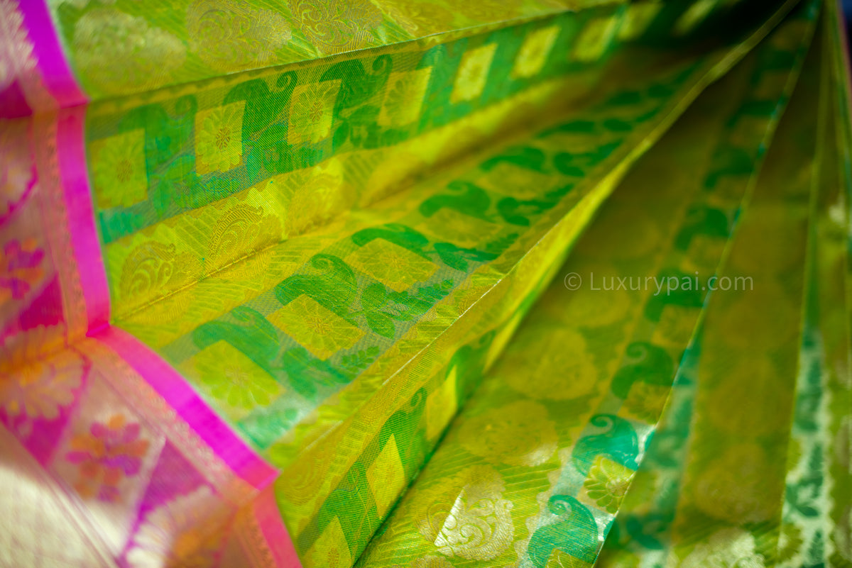 Gorgeous Parrot & Leaf Green Kanchipuram Pure Pattu (Silk) Handloom Kai Korvai Bridal Wedding Saree