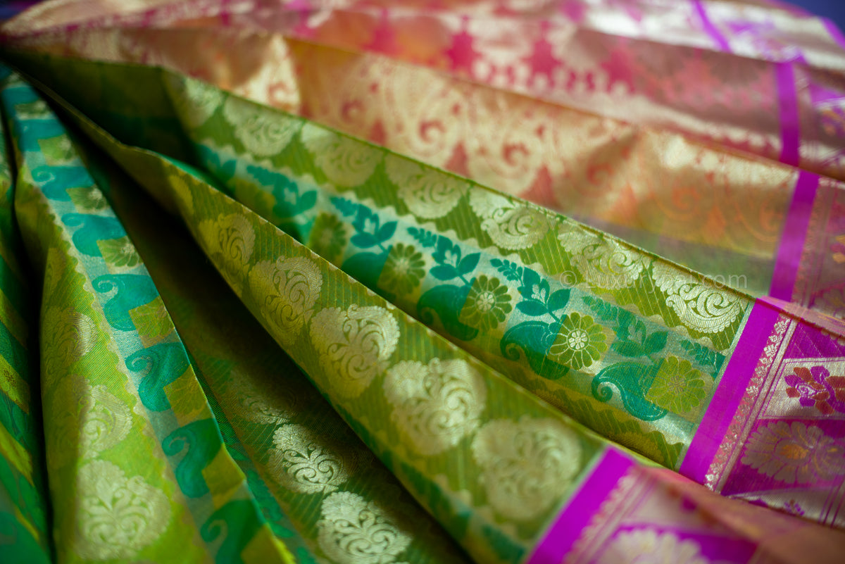 Gorgeous Parrot & Leaf Green Kanchipuram Pure Pattu (Silk) Handloom Kai Korvai Bridal Wedding Saree