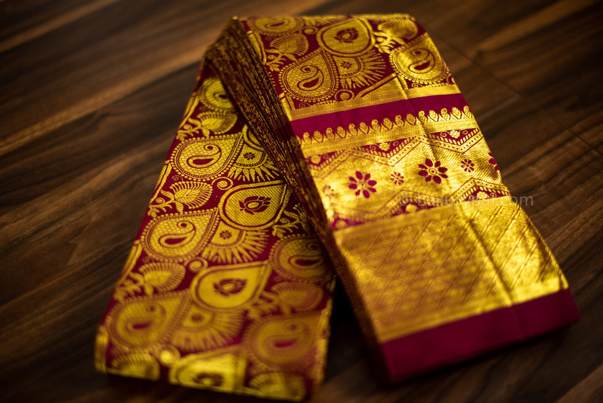 Elegant Maroon Kanchipuram Pure Pattu (Silk) Handloom Kai Korvai Bridal Wedding Saree