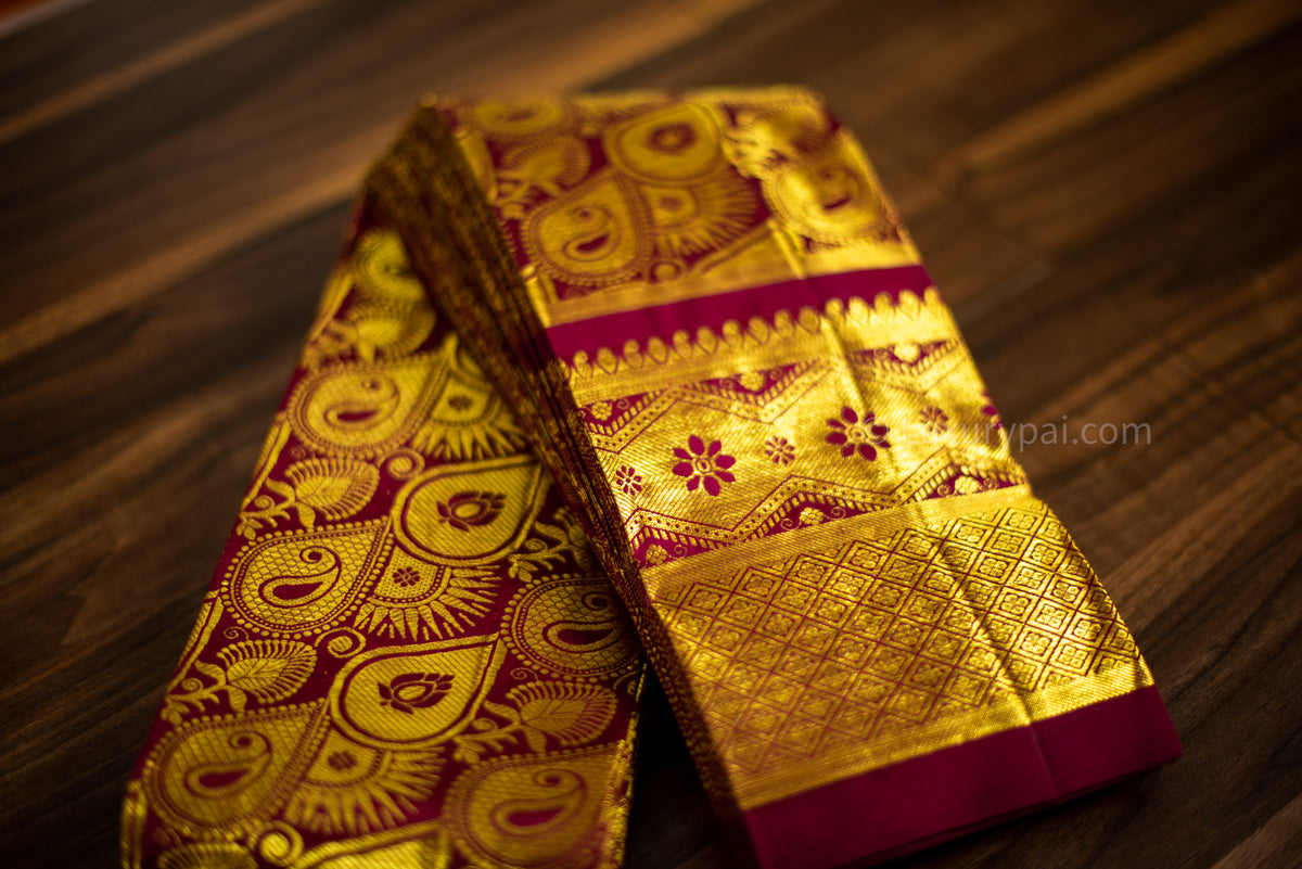 Elegant Maroon Kanchipuram Pure Pattu (Silk) Handloom Kai Korvai Bridal Wedding Saree