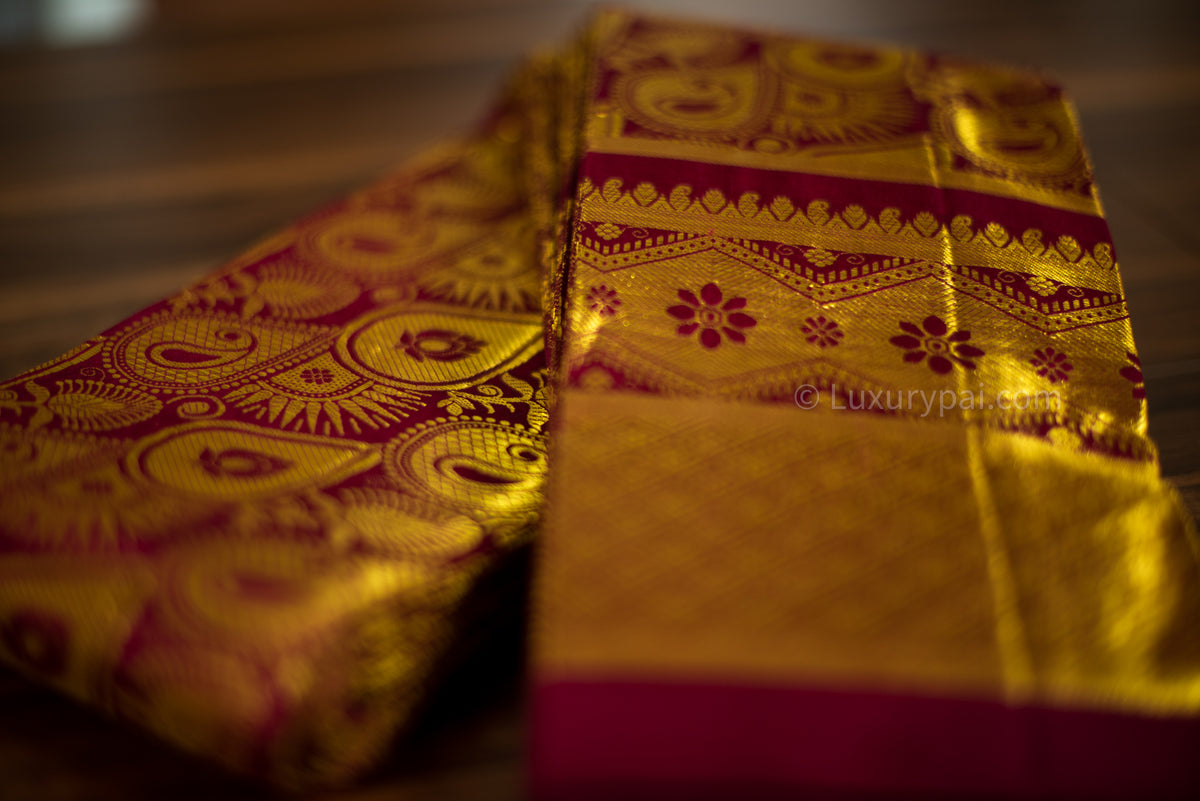 Elegant Maroon Kanchipuram Pure Pattu (Silk) Handloom Kai Korvai Bridal Wedding Saree