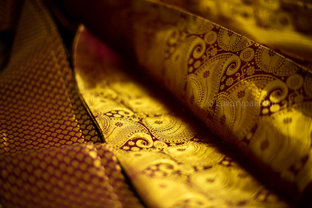 Elegant Maroon Kanchipuram Pure Pattu (Silk) Handloom Kai Korvai Bridal Wedding Saree