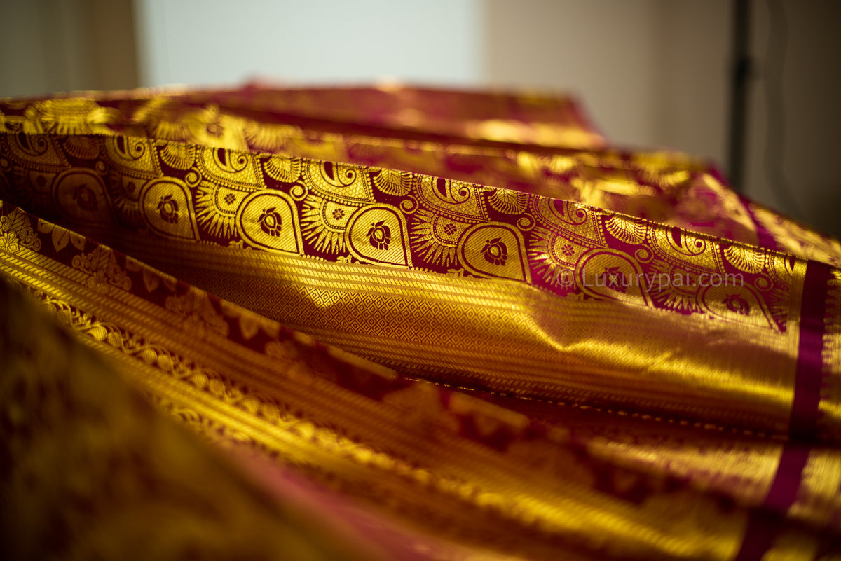 Elegant Maroon Kanchipuram Pure Pattu (Silk) Handloom Kai Korvai Bridal Wedding Saree