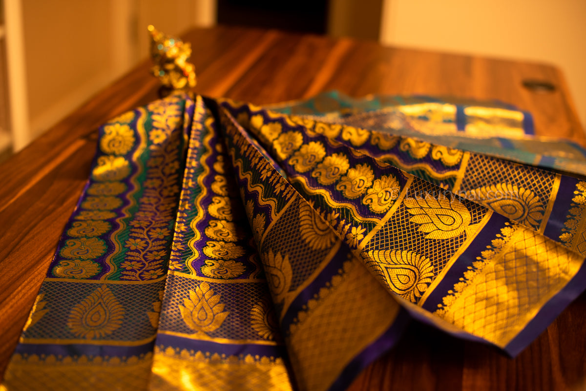 Elegant Iridescent Kanchipuram Pure Pattu (Silk) Handloom Kai Korvai Bridal Wedding Saree