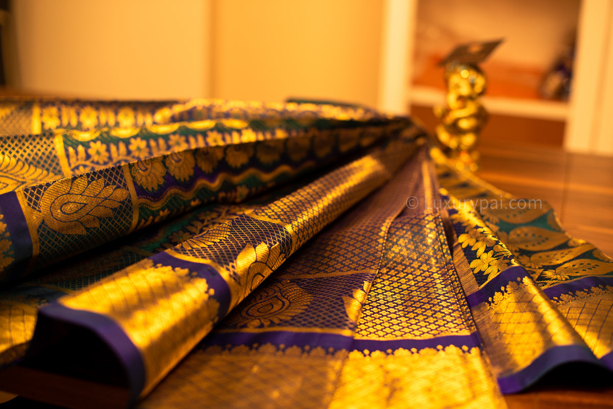 Elegant Iridescent Kanchipuram Pure Pattu (Silk) Handloom Kai Korvai Bridal Wedding Saree