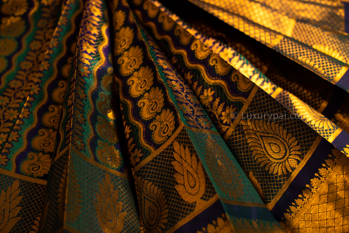 Elegant Iridescent Kanchipuram Pure Pattu (Silk) Handloom Kai Korvai Bridal Wedding Saree