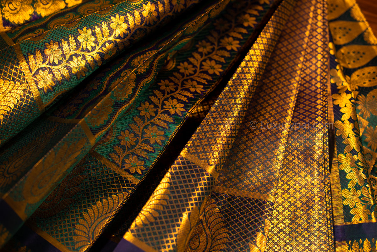 Elegant Iridescent Kanchipuram Pure Pattu (Silk) Handloom Kai Korvai Bridal Wedding Saree