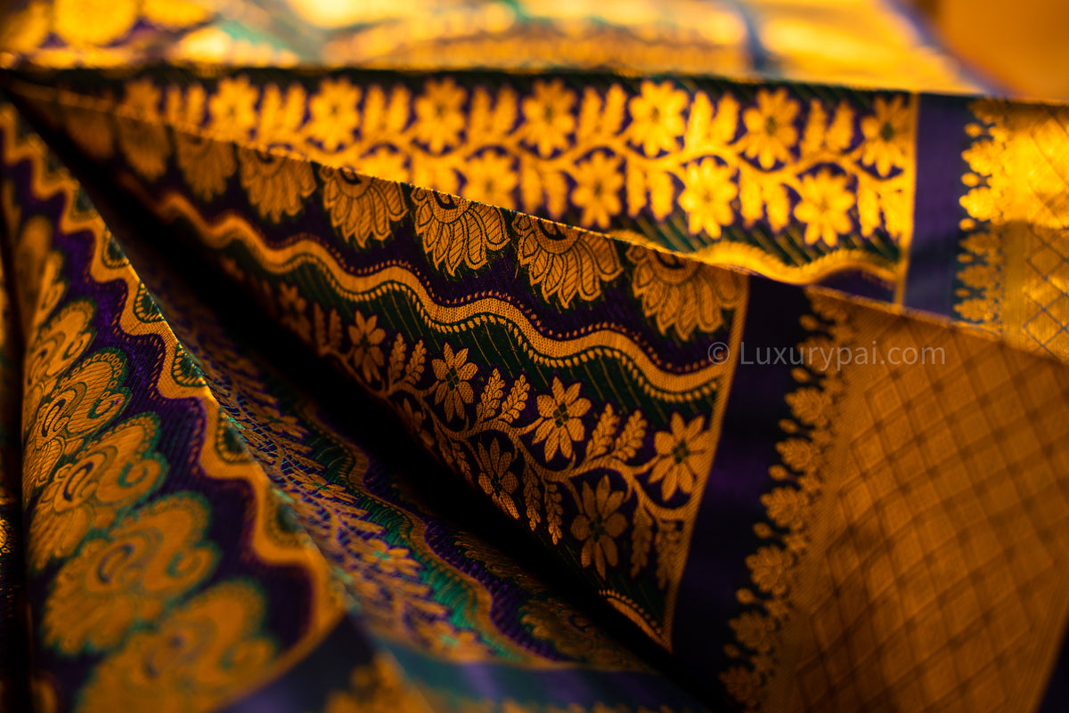 Elegant Iridescent Kanchipuram Pure Pattu (Silk) Handloom Kai Korvai Bridal Wedding Saree