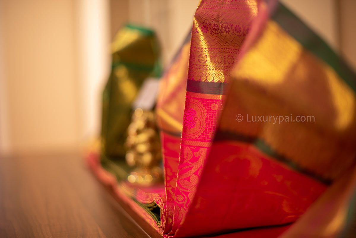 Stunning Cotton Candy Kanchipuram Pure Pattu (Silk) Handloom Kai Korvai Bridal Wedding Saree