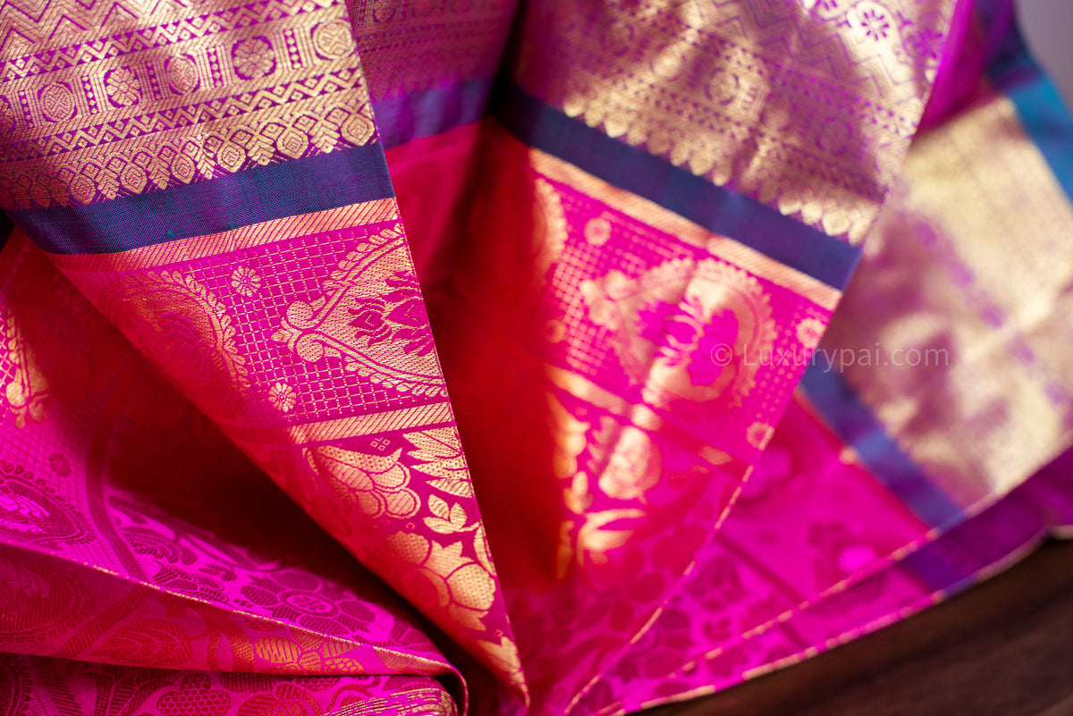 Stunning Cotton Candy Kanchipuram Pure Pattu (Silk) Handloom Kai Korvai Bridal Wedding Saree