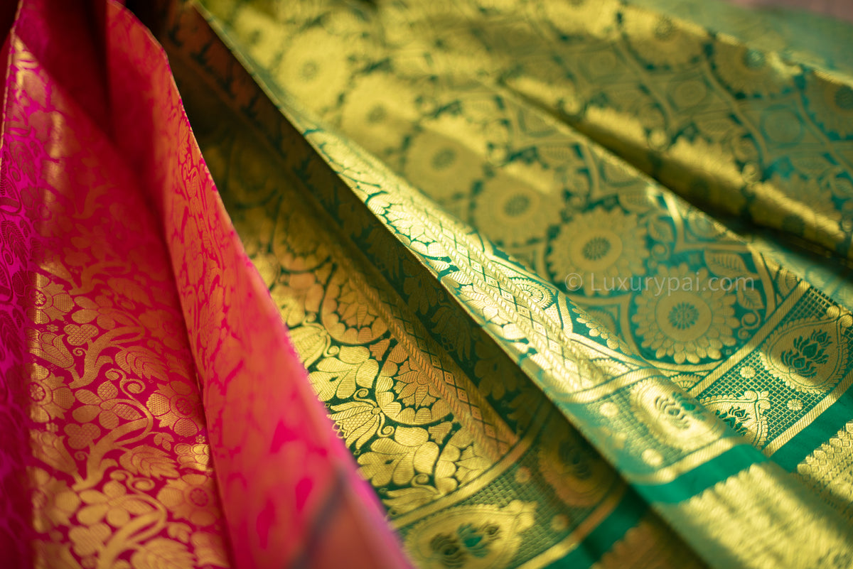 Stunning Cotton Candy Kanchipuram Pure Pattu (Silk) Handloom Kai Korvai Bridal Wedding Saree