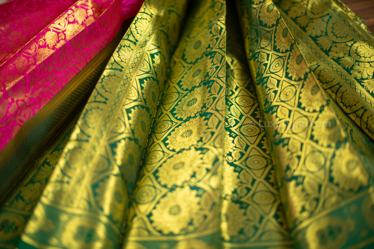 Stunning Cotton Candy Kanchipuram Pure Pattu (Silk) Handloom Kai Korvai Bridal Wedding Saree