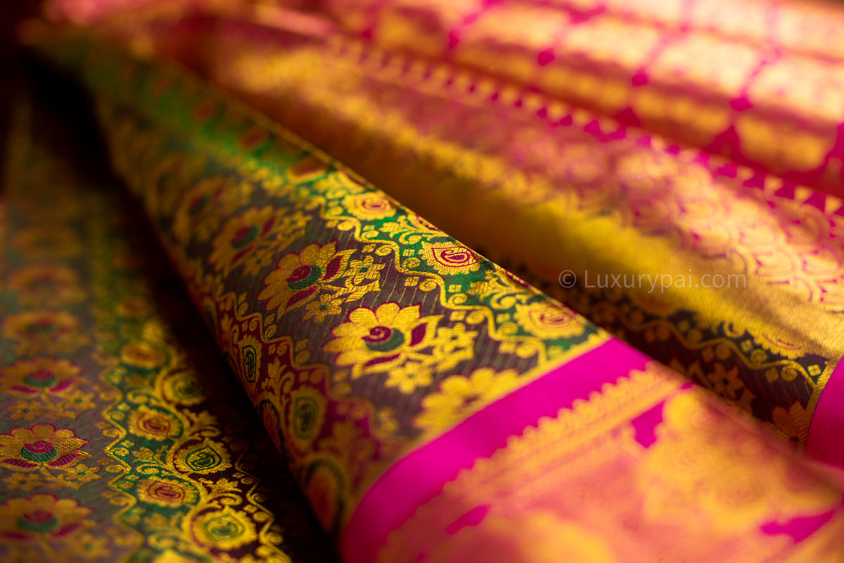 Iridescent Kanchipuram Pure Silk Handloom Bridal Wedding Saree