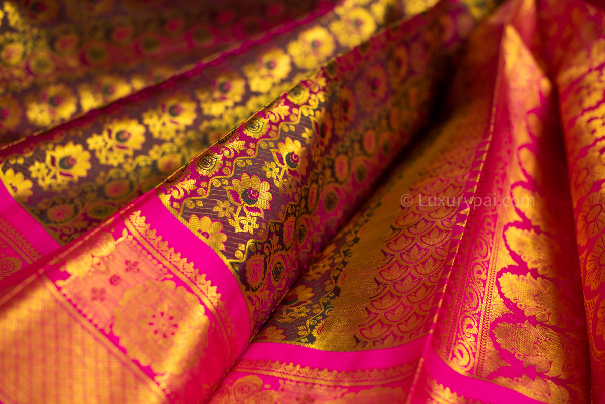 Dazzling Iridescent Kanchipuram Pure Pattu (Silk) Handloom Kai Korvai Bridal Wedding Saree