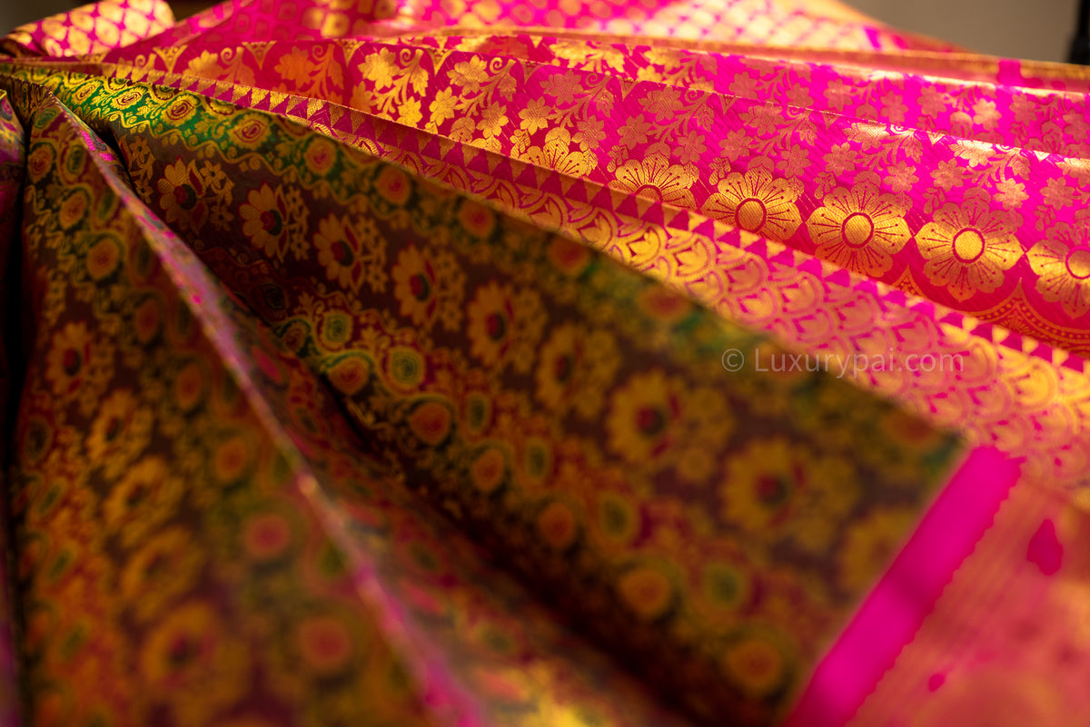 Dazzling Iridescent Kanchipuram Pure Pattu (Silk) Handloom Kai Korvai Bridal Wedding Saree