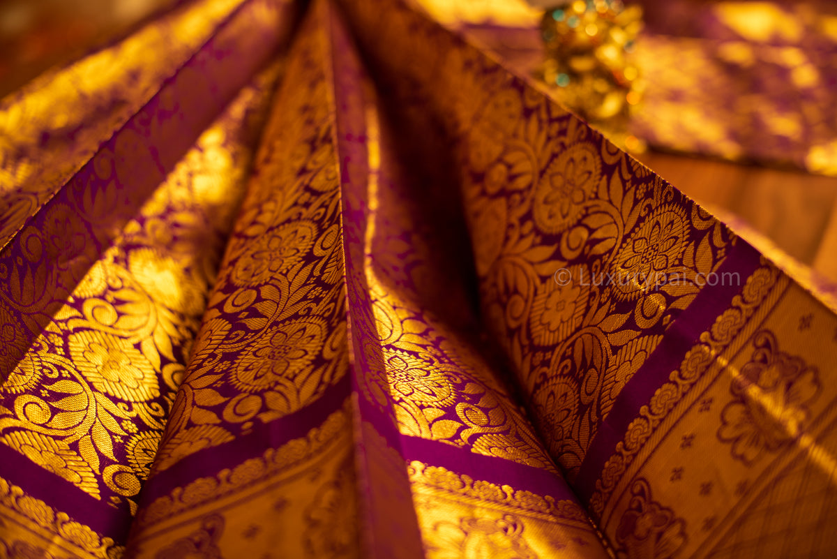 Stunning Purple Kanchipuram Pure Pattu (Silk) Handloom Kai Korvai Bridal Wedding Saree