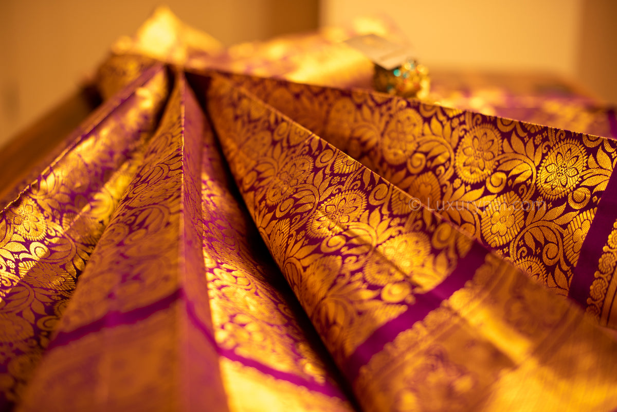 Stunning Purple Kanchipuram Pure Pattu (Silk) Handloom Kai Korvai Bridal Wedding Saree