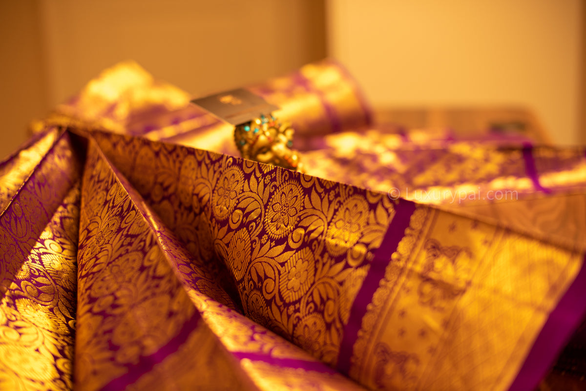 Stunning Purple Kanchipuram Pure Pattu (Silk) Handloom Kai Korvai Bridal Wedding Saree