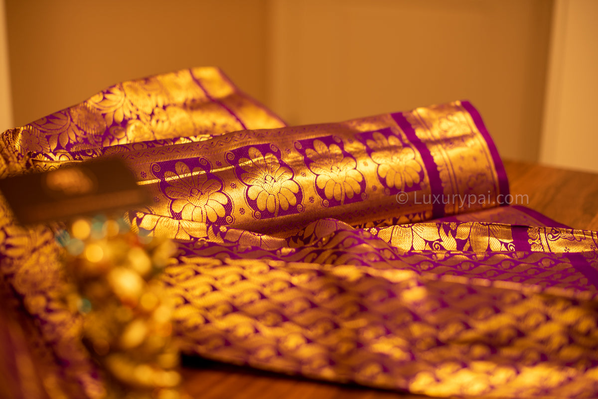 Stunning Purple Kanchipuram Pure Pattu (Silk) Handloom Kai Korvai Bridal Wedding Saree