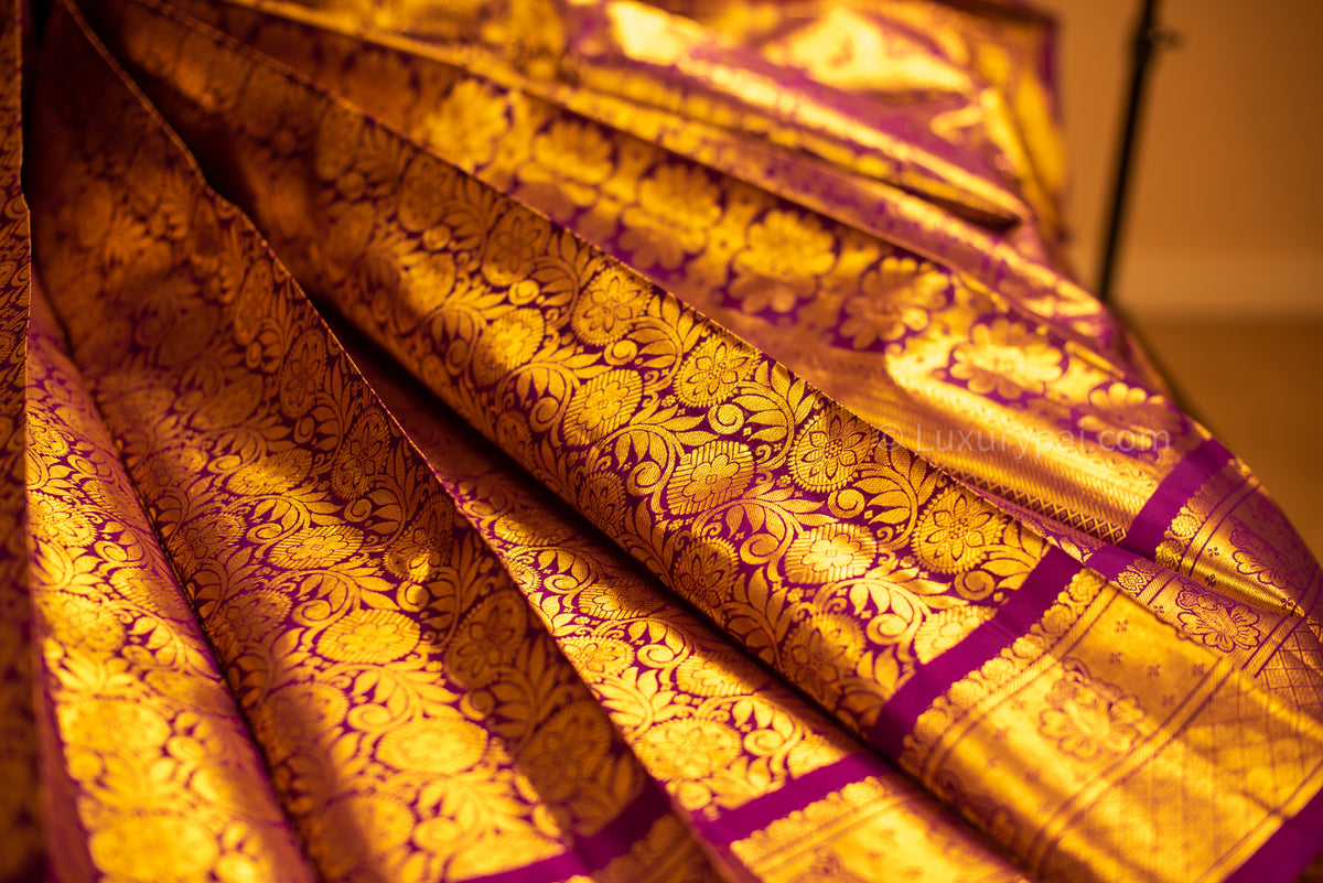 Stunning Purple Kanchipuram Pure Pattu (Silk) Handloom Kai Korvai Bridal Wedding Saree