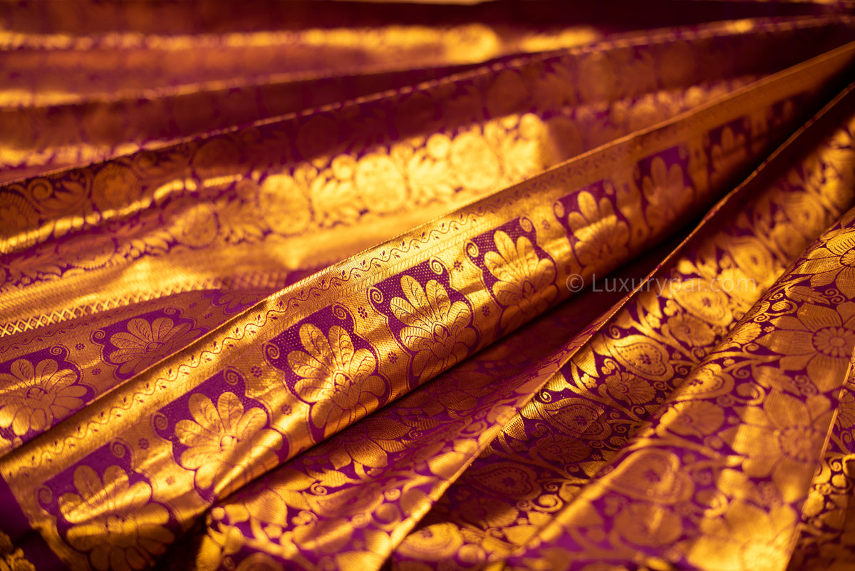 Stunning Purple Kanchipuram Pure Pattu (Silk) Handloom Kai Korvai Bridal Wedding Saree