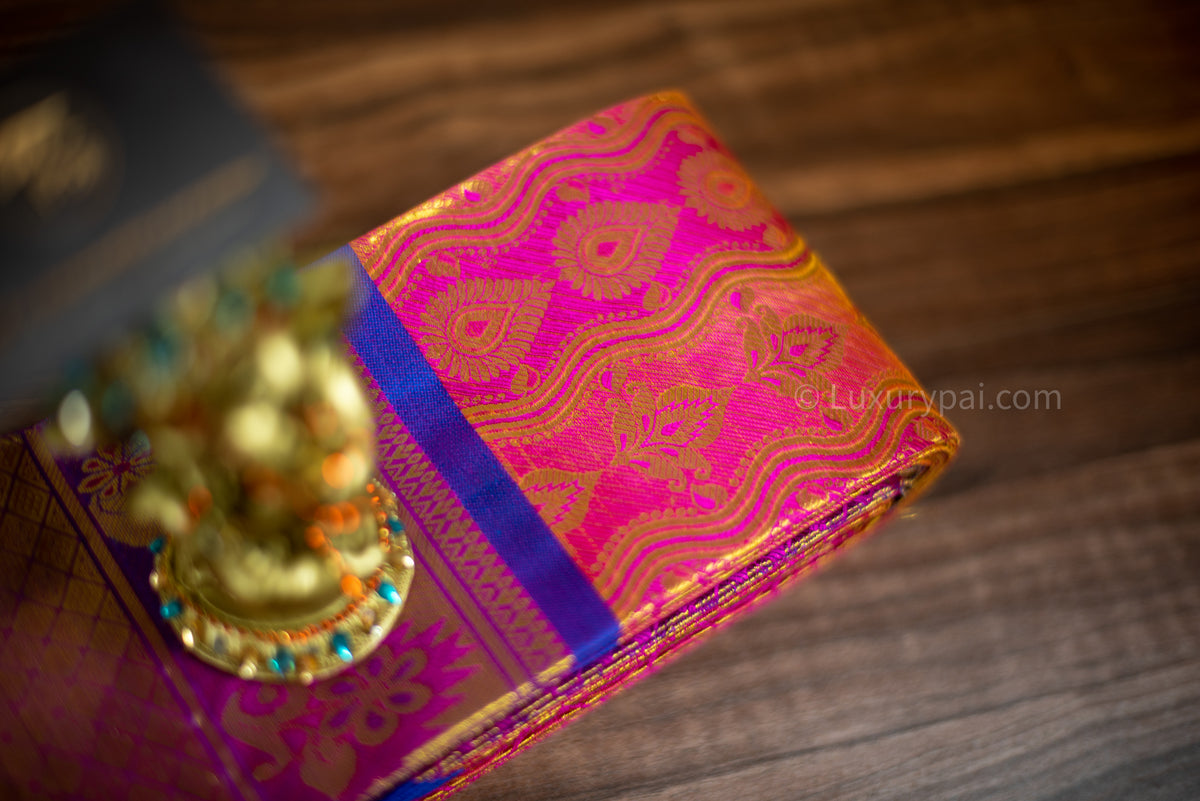 Elegant Rose Pink Kanchipuram Pure Pattu (Silk) Handloom Kai Korvai Bridal Wedding Saree