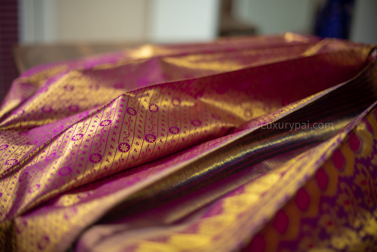 Elegant Rose Pink Kanchipuram Pure Pattu (Silk) Handloom Kai Korvai Bridal Wedding Saree