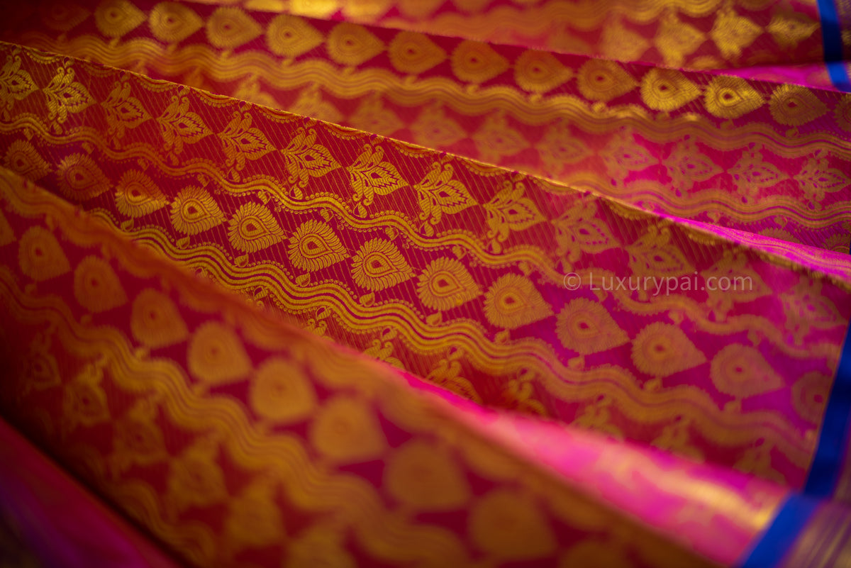 Elegant Rose Pink Kanchipuram Pure Pattu (Silk) Handloom Kai Korvai Bridal Wedding Saree