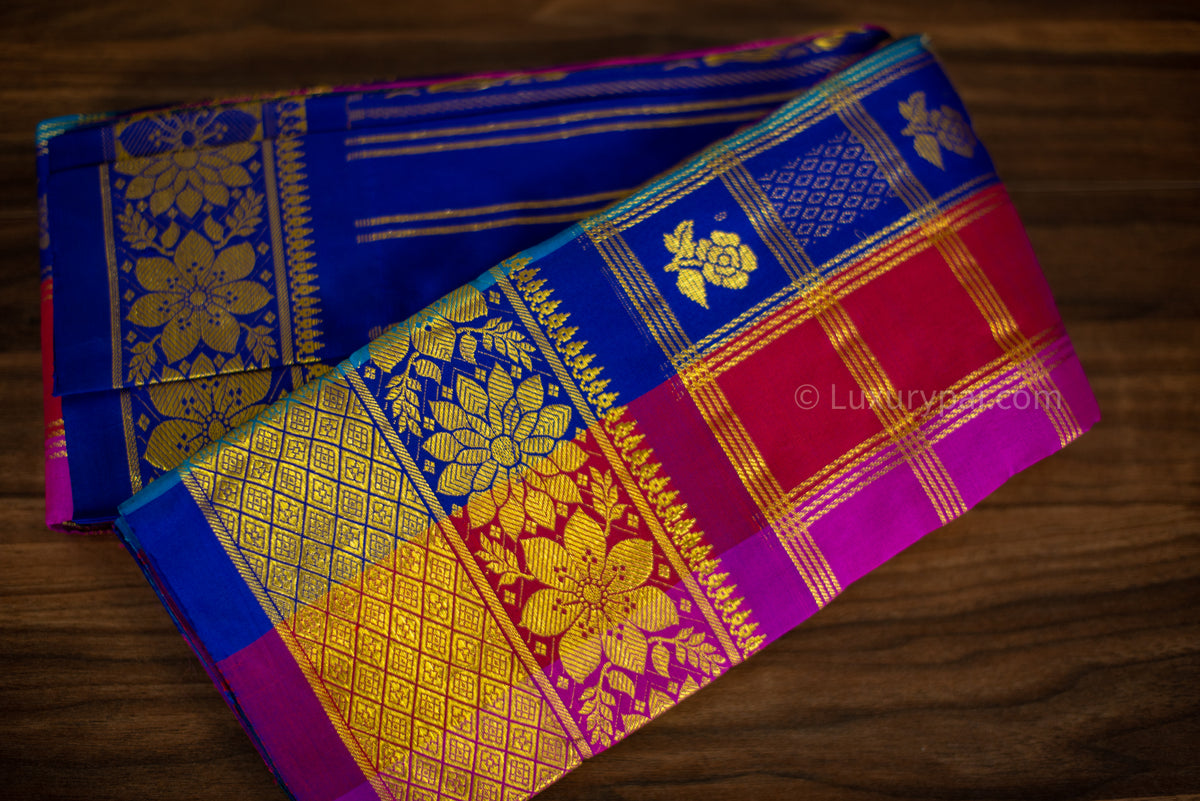 Luxurious Kanchipuram Pure Silk Saree with Roja Kaddam Design - Authentic Handloom Kai Korvai for Weddings & Special Occasions