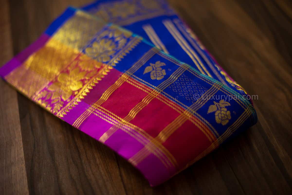 Luxurious Kanchipuram Pure Silk Saree with Roja Kaddam Design - Authentic Handloom Kai Korvai for Weddings & Special Occasions