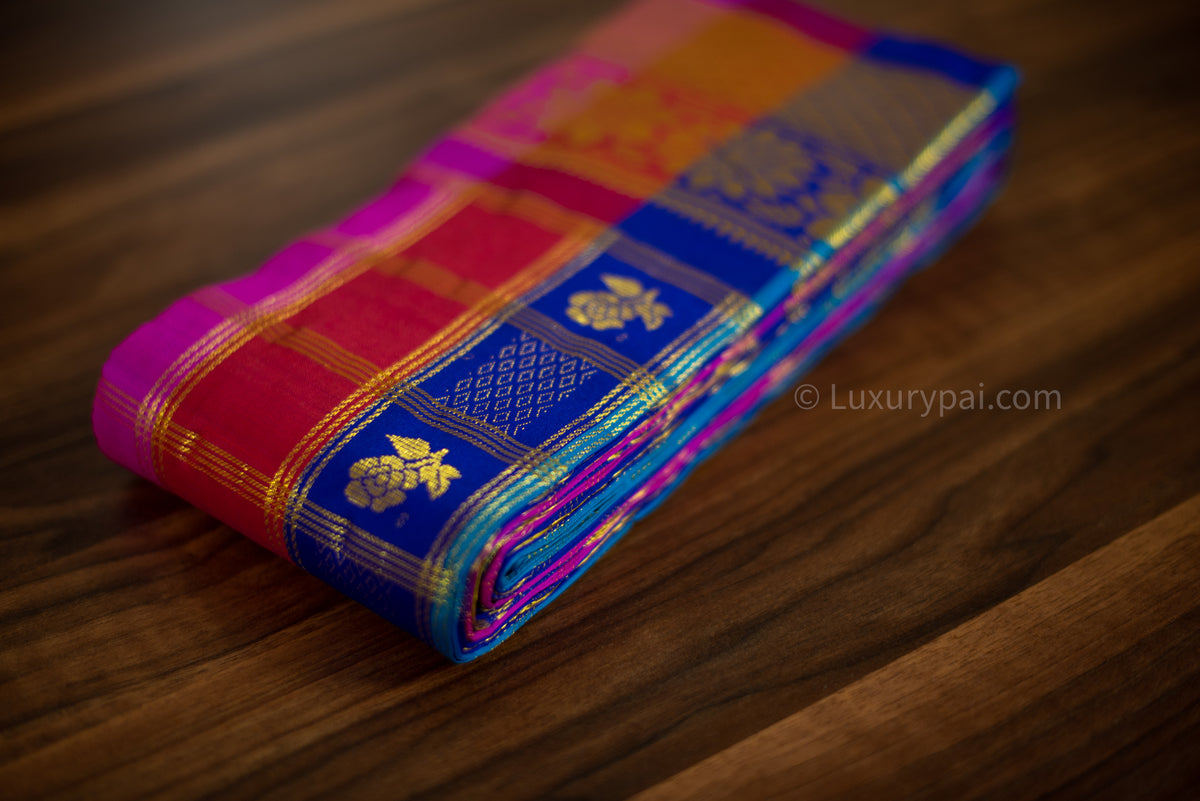 Luxurious Kanchipuram Pure Silk Saree with Roja Kaddam Design - Authentic Handloom Kai Korvai for Weddings & Special Occasions