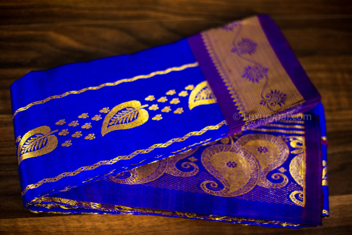 Purple Kanjeevaram Silk Saree with Light Blue Border - Tulsi Weaves