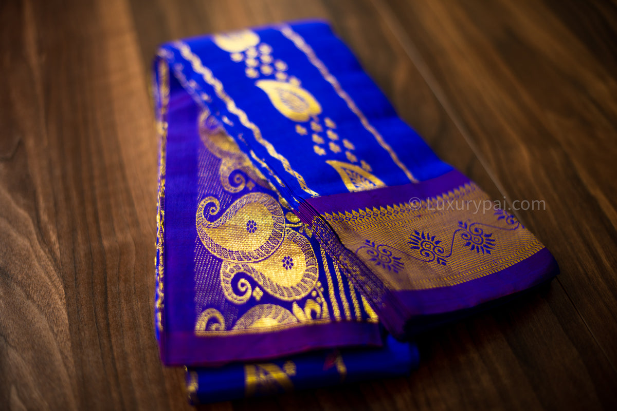 Stunning Violet Kanchipuram Pattu Saree with Big Leaves, Clubs butta and Double Side Chain Design