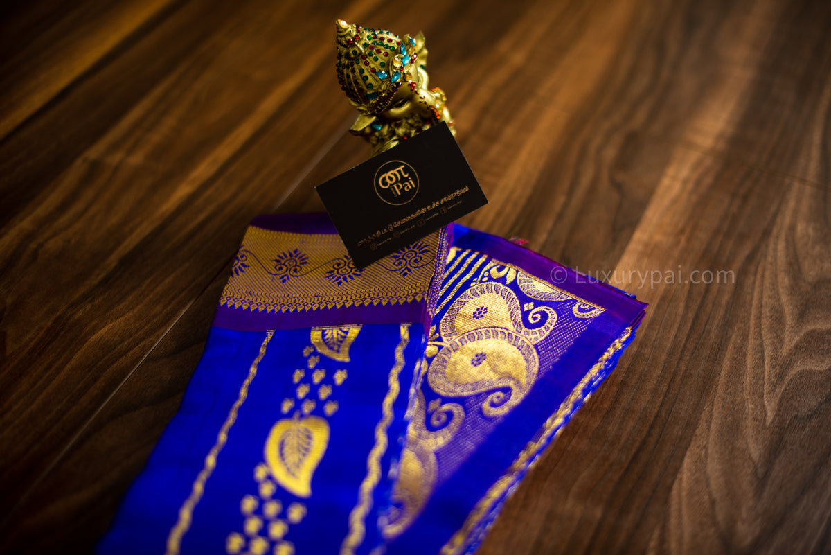 Stunning Violet Kanchipuram Pattu Saree with Big Leaves, Clubs butta and Double Side Chain Design