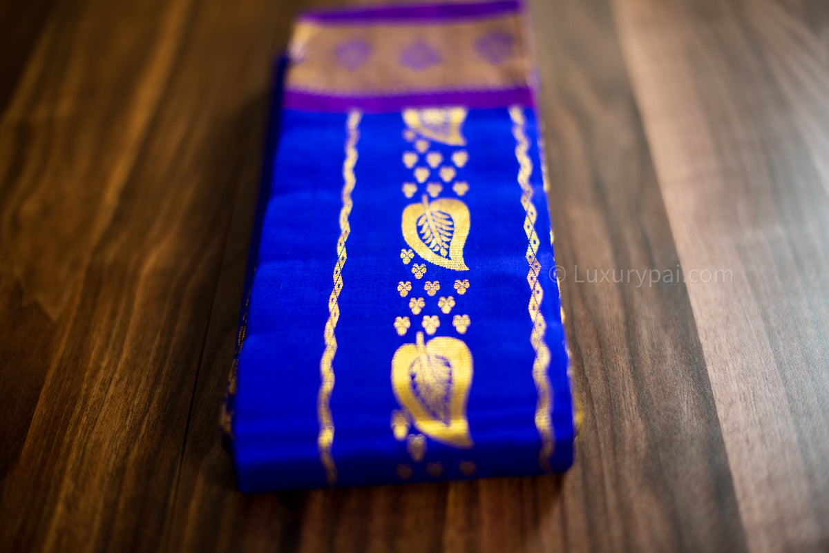 Stunning Violet Kanchipuram Pattu Saree with Big Leaves, Clubs butta and Double Side Chain Design