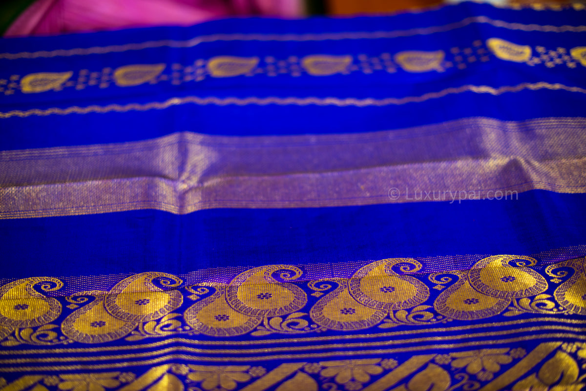 Stunning Violet Kanchipuram Pattu Saree with Big Leaves, Clubs butta and Double Side Chain Design