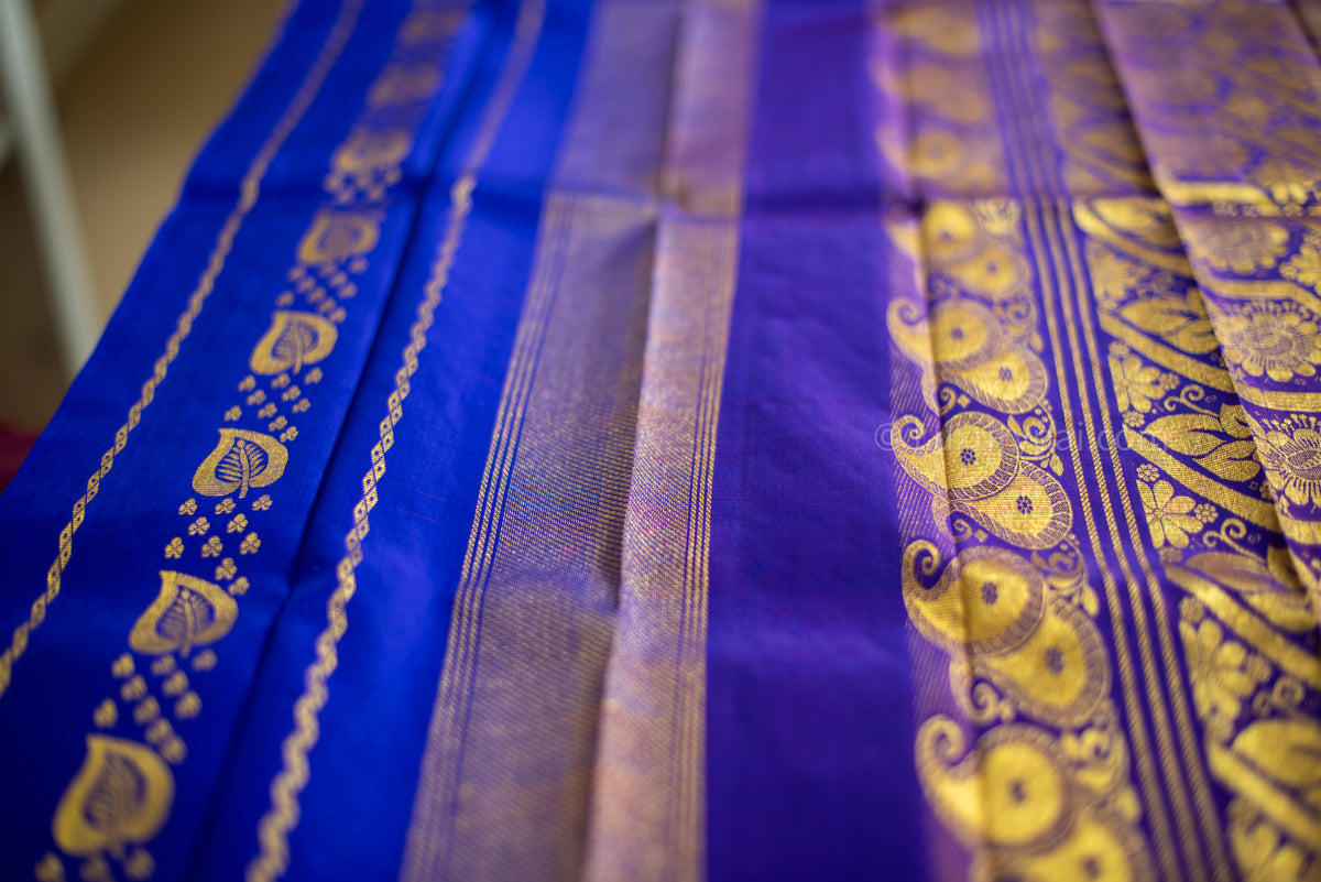 Stunning Violet Kanchipuram Pattu Saree with Big Leaves, Clubs butta and Double Side Chain Design