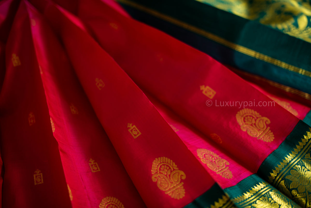 Stunning Tomato Red Kanchipuram Pattu Saree with Mango Golden Butta Design