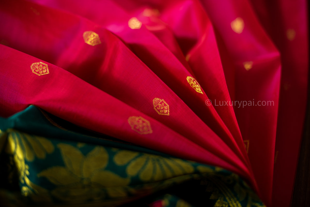 Stunning Tomato Red Kanchipuram Pattu Saree with Mango Golden Butta Design