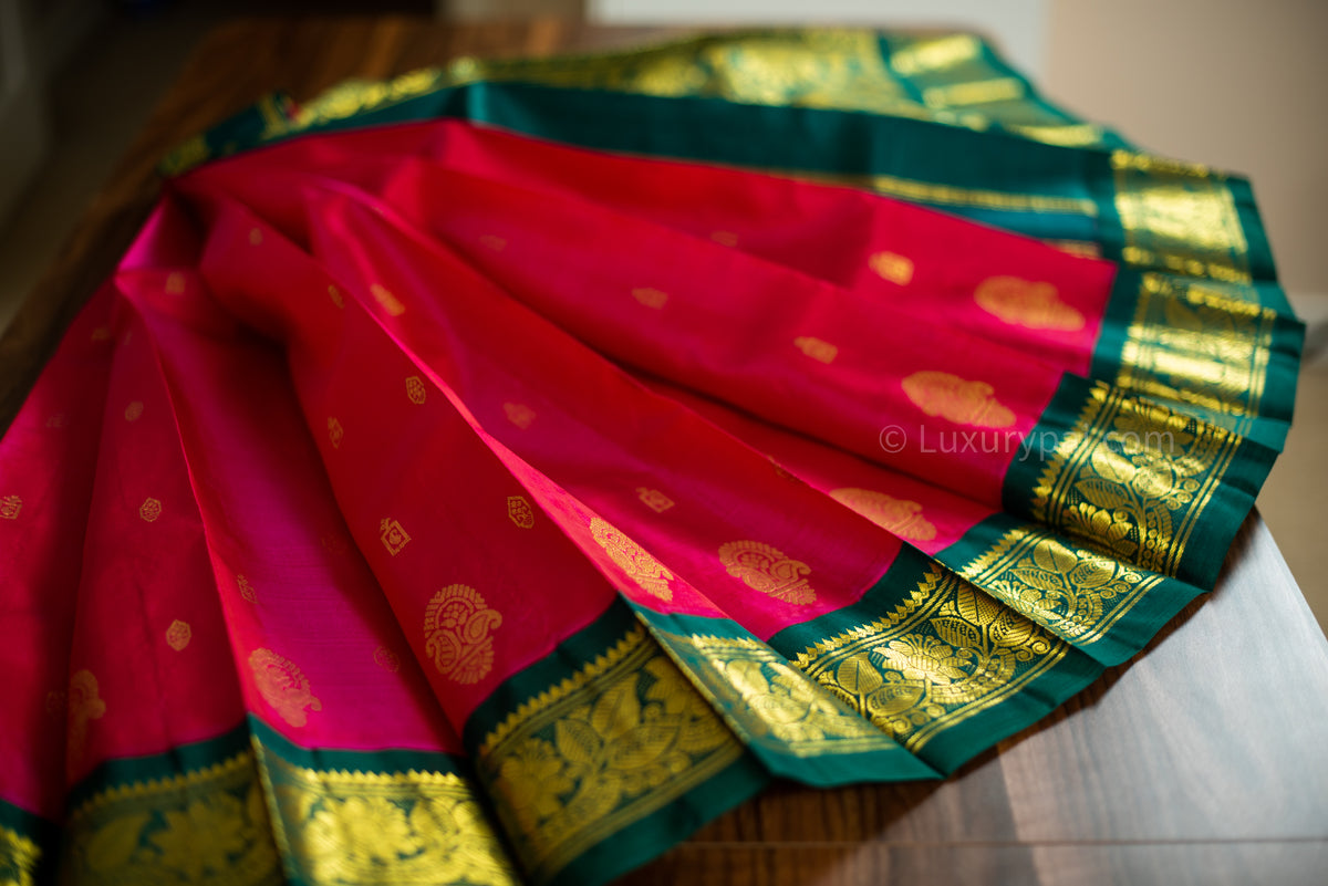 Stunning Tomato Red Kanchipuram Pattu Saree with Mango Golden Butta Design