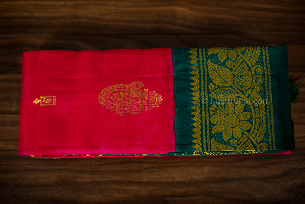 Stunning Tomato Red Kanchipuram Pattu Saree with Mango Golden Butta Design