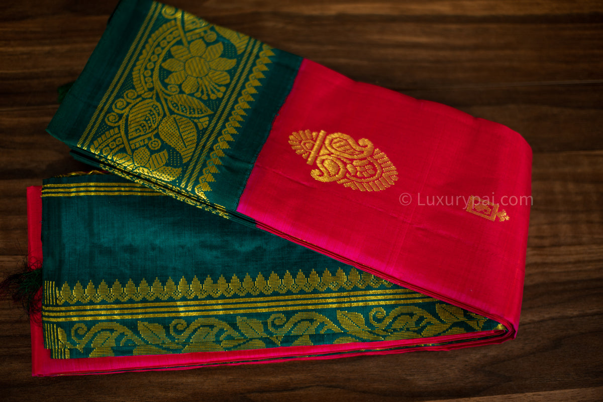 Stunning Tomato Red Kanchipuram Pattu Saree with Mango Golden Butta Design