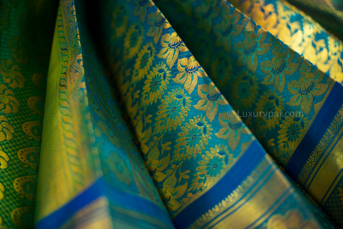 Elegant Rexona Kanchipuram Pattu Saree in Chakkara Poo & Betel Leaf Design - Handloom Kai Korvai Silk Saree with Anantha Wide Border in Flower Design
