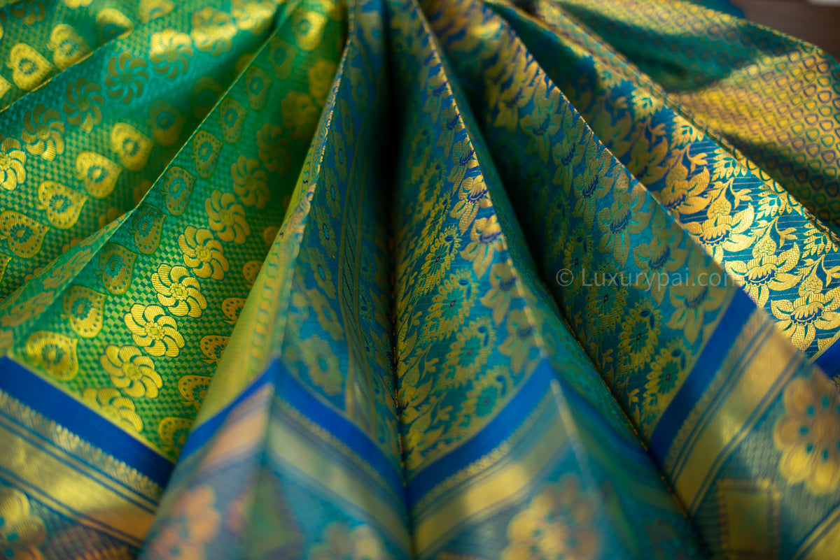 Elegant Rexona Kanchipuram Pattu Saree in Chakkara Poo & Betel Leaf Design - Handloom Kai Korvai Silk Saree with Anantha Wide Border in Flower Design